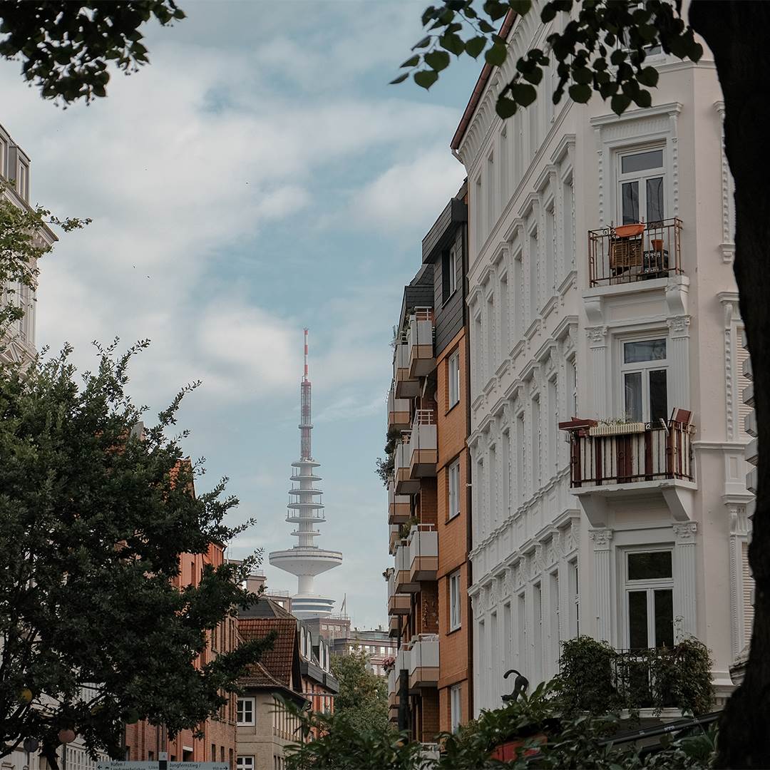 Hamburgs television tower in contrast with the historical buildings of the Altstadt